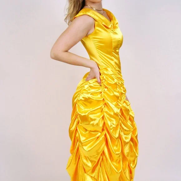 Vintage Princess Bubble Gown (S) small yellow gathered skirt 90s maxi dress - Picture 2 of 7